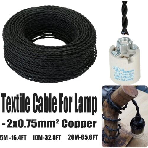 Black 2 Copper Core Electrical Rope Wire Vintage Antique Braided Twisted Fabric Lighting Cable Woven Silk Flexible 5m 10m 20m