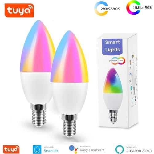 Tuya Smart WiFi LED Bulb E14 RGB CW Dimmable Light Bulb 5W Candle Bulb Work With Alexa Echo Google Home Assistant AC 100-240V