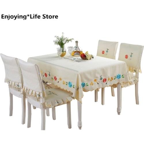 Embroidered Tablecloth for Wedding Banquet Restaurant, Rectangular Table Cover with Flower Chair Cover, Garden Tablecloth