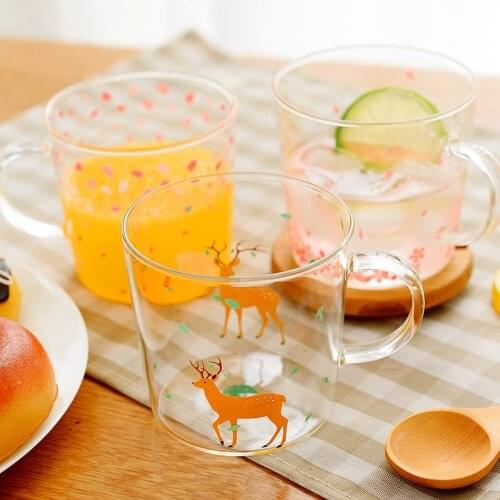 280ml Japanese Cartoon Printing Glass Cup Heat-Resistant Deer Cat Rabbit Milk Coffee Mug Flower Teacup Home Drinking Glasses