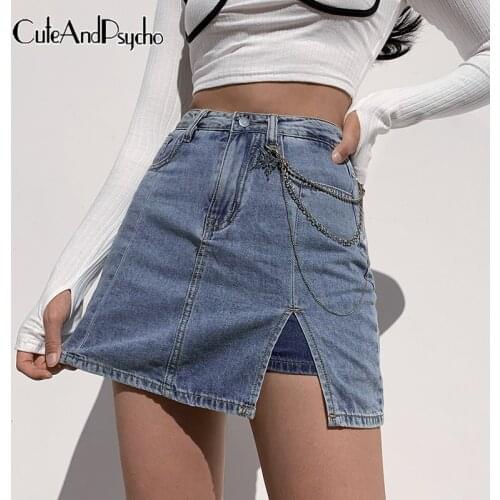 Sexy Skinny Y2K Jeans Skirts Women Vintage Fashion High Waisted Mini Skirts Korean Split Harajuku Denim Outfits 90s Cuteandpscho