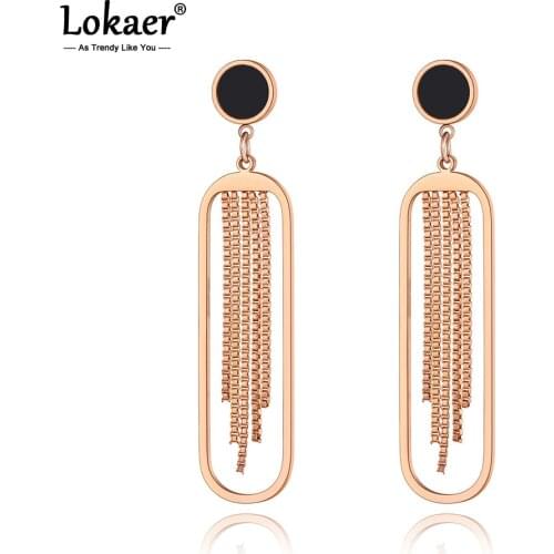 Lokaer Original Design Stainless Steel Bohemia Tassel Earrings For Women Black Acrylic Geometric Dangle Earrings Jewelry E20233