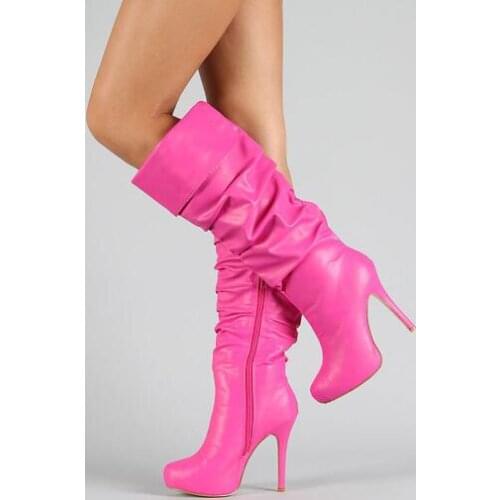 Drop Shipping Winter New Hot Woman Pink Black White Red Pleated Fold Knee High Platform Leather Zipper Thin Heels Long Boots