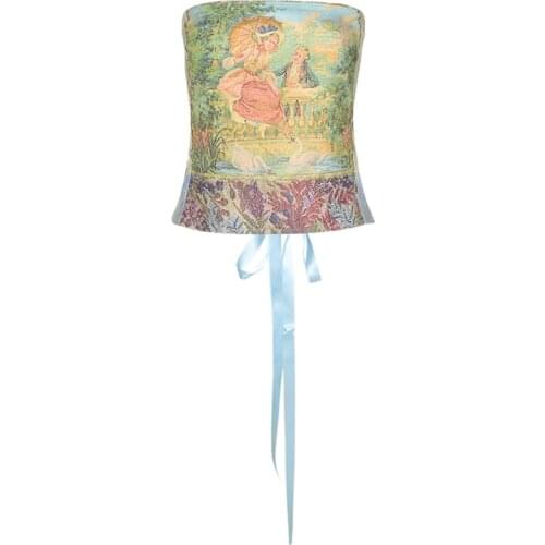 Women Sexy Strapless Bustier Crop Top Retro European Painting Corset Bandeau Criss Cross Lace-Up Aesthetic Tube Top