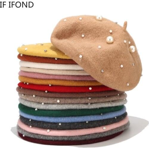 Women pearl Embellishment Wool Warm Beret hat Autumn Winter Fashion French Classic ainter Artist Hats Bonnet Caps