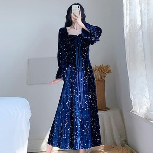 Bella Philosophy Wonder High Quality Dress Palace Retro Gold Velvet Blue Galaxy Starry Sky Lace Stitching Dress Winter Vestido