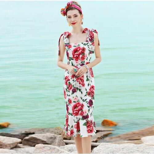 Women Dresses Fashion Summer 2018 Flowers Print Tank Spaghetti Strap Slash Neck Mermaid Slim European Hot Colorful Top Dress