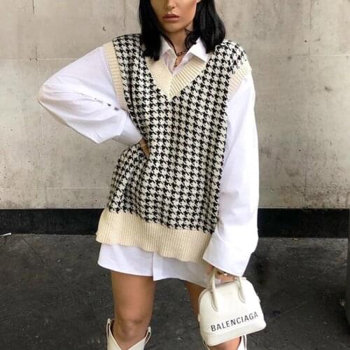 2020 Women Houndstooth Vest Sweater Casual V Neck Sleeveless Autumn Winter Jumper Knitted Korean Style Pullover Loose Tops