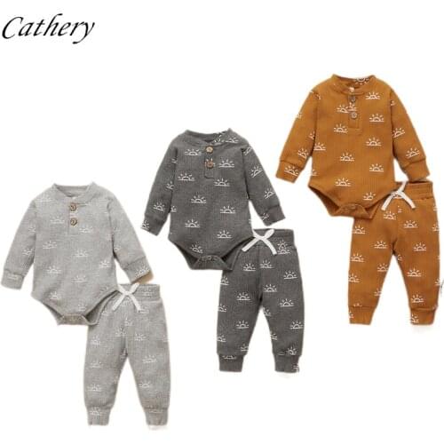 2021 Casual Baby Kids Infant Boys Clothes Ribbed Long Sleeve Romper Sunrise Print Pants Set Cute Newborn Boy Outfits Fall Winter