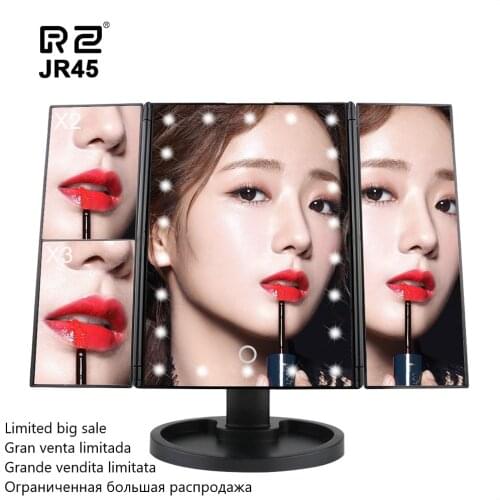 22 LED Lights Touch Screen Makeup Mirror 1x2x3x10 Magnification Bright Adjustable USB Batteries Use Touch Foldable Beauty Mirror
