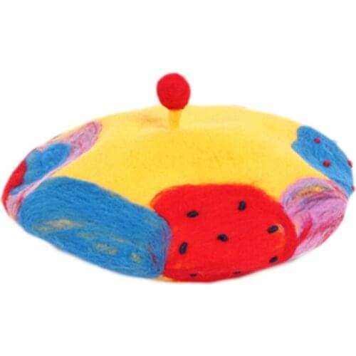 D0LF Beret Hat Woolen Women Newsboy in Bright Colors with Oil Painting Style for Warm Keeping & Wind Protection