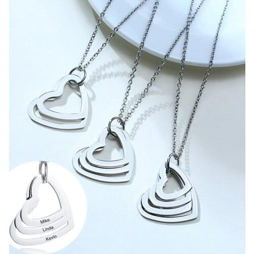 Free Personalized Family Necklace Custom 2/3/4 Names Stainless Steel Triple Heart Engraved Necklaces For Mother Dad Gift