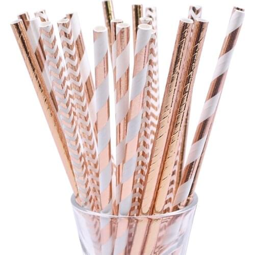 25/50pcs Biodegradable Rose Gold Paper Straws Metallic Foil Striped/Wave Drinking Straws for Christmas Wedding Party Supplies