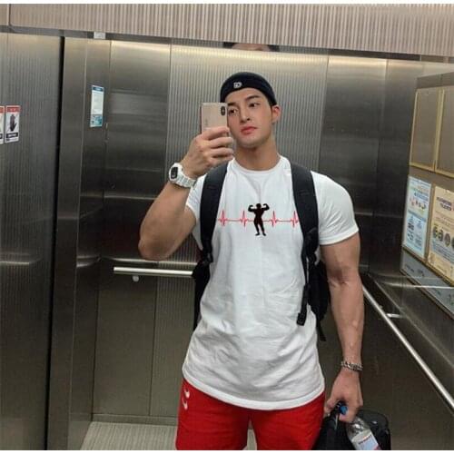 Brand Muscle Cotton Gyms Summer Mens Fashion Extend Hip Hop Trend Print Tops Bodybuilding Clothing Fitness Short Sleeve T-shirt