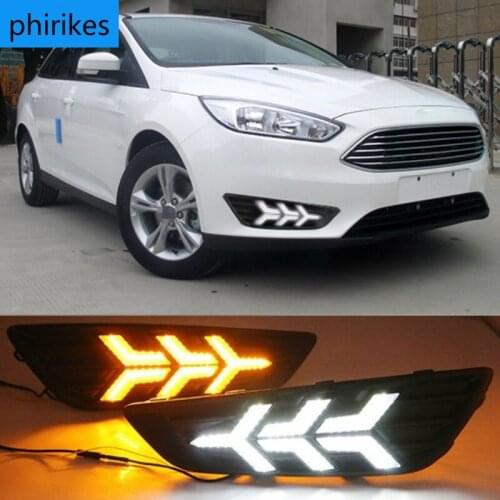 2PCS LED Daytime Running Light For Ford Focus 3 MK3 2015 2016 2017 2018 Yellow Turn Signal Function Waterproof 12V Car DRL Lamp