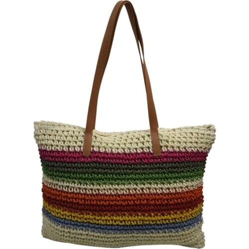 Fashion Lady Handbag Beach Rainbow Color Lady Handbag Shoulder Korean Version Of The Trend Beach Straw Bag