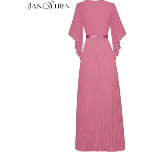 Janeyiren Fashion Designer Summer Pink Dress Womens irregular Butterfly Sleeve Sashes Beaded Appliques Long Pleated Dress