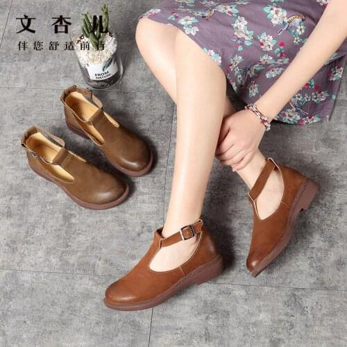 Womens Vulcanize Shoes Buckle Strap Buckle One word buckle Woman Genuine Leather Flats office Womens Female Moccasins Shoe