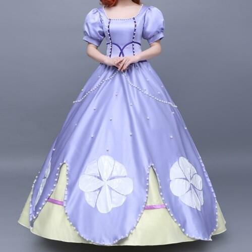 Cartoon Princess Cosplay Costume Sofia Elegant Dress Fancy Halloween Carnival Ball Gown For Adult Women