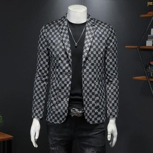 2021 Autumn New Blazer for men Trendy young men Grey Checkered Technology Plaid Printing Jacket Slim fashion brand men Costume
