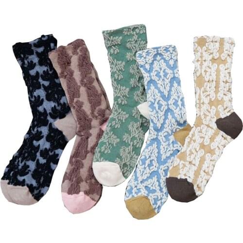 5 Pairs Women Socks Set Retro European AmericanCourt Style Autumn Japanese Floret Soft Skin-friendly Breathable Pure Cotton
