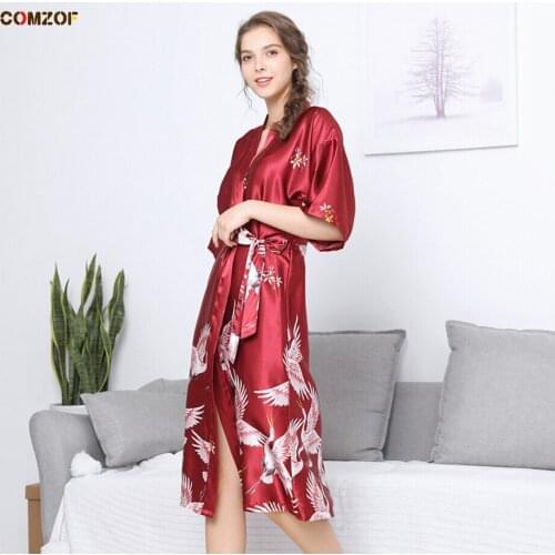 New Crane Women Robe Silk Pajamas 2021 Summer Night-Robe Sashes Homewear Clothing Satin Sleepwear Short Sleeve Nightdress