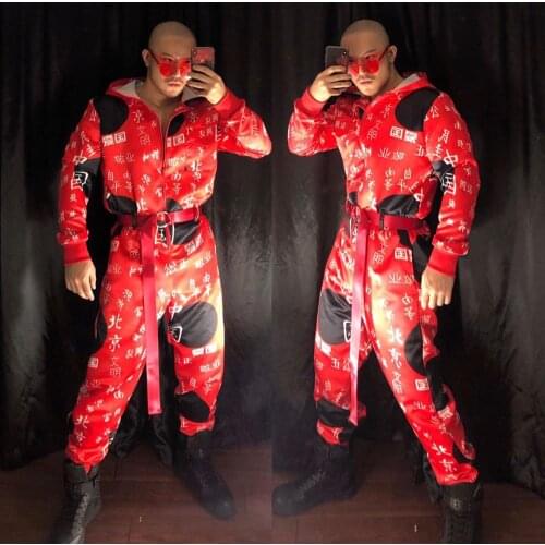 New Male Overalls Red Printed Jumpsuit Nightclub DJ Singer Hip Hop Rock Dance Outfit Stage Wear Bar Club Party Costume