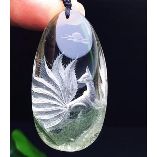 Wholesale Green Natural Ghost Crystal Pendants Hand Carved Phoenix Sweater Chain Necklace Lucky for Women Men Crystal Jewelry