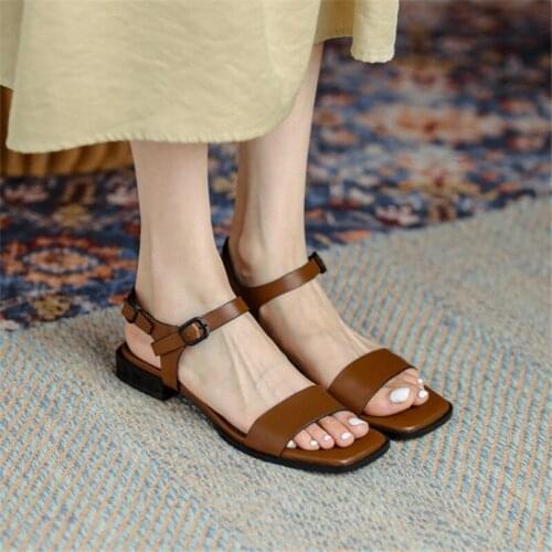 PXELENA Hot Retro Genuine Leather Sandals Women Low Heels 2CM Ankle Strap Daily Comfort Casual Lady Shoes Office Plus Size 34-43