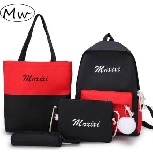 4Pcs/set Bagpack Black Student Canvas Backpack Set For School Teenager Girls Fashion Letter Printing Book Bag Mochilas Sac A Dos