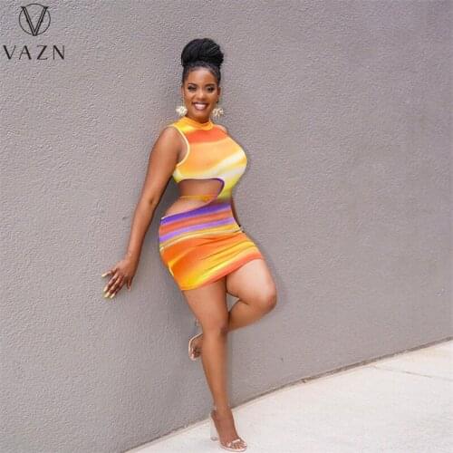VAZN 2021 Sexy Striped Bandage Shinny Print A-line Elegant Sleeveless Summer Mini Dresses Clothing Sexy Shinny Young Lady Dress