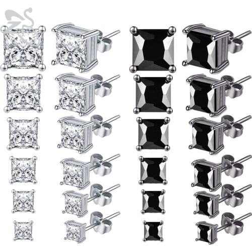 ZS 6 Pairs/lot 3-8MM Square Cubic Zircon Stud Earring Set For Women Men 20g Stainless Steel Ear Helix Cartilage Piercing Jewelry