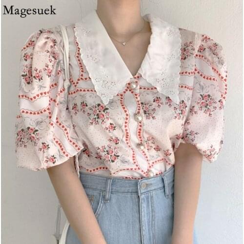 Vintage Floral Blouse Women Korean Fashion Puff Sleeve Print Womens Shirt Summer Loose Embroidery Lapel Top Blusas Mujer 15343