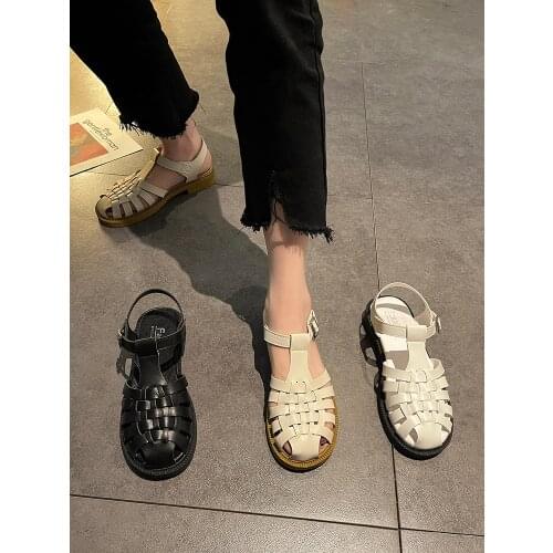 Women Sandals 2021 Gladiator Shoes Round Toe Platform Flat Sandals T-Strap Brand Design Ladies Footwear Black