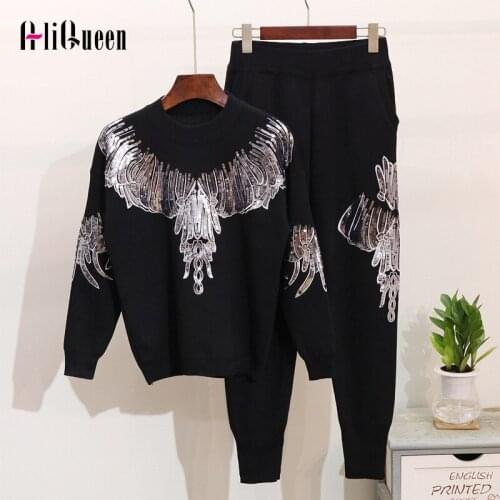 Autumn Women Winter Sweatsuit Silver Wings Sequined 2 Piece Set Tracksuit Knitted Sweater Tops + Pants Casual Two-Piece Set