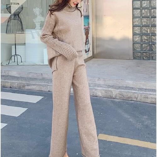 2020 Autumn Women Casual Two-Pieces Set Solid Wool knitted Turtleneck Sweater Wide Leg Pants Elegant Fashion Female Office Lady