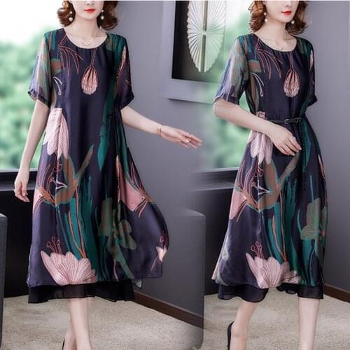 Summer Beach Casual Floral Chiffon 4XL Sundress 2021 Vintage Print Mulberry Silk Midi Dress Women Elegant Bodycon Party Vestidos