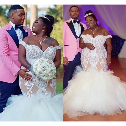 Plus Size African Mermaid Wedding Dresses 2022 Sexy Off Shoulder Lace Appliques Bridal Gowns Arabic Tulle Ruffles Vestidos
