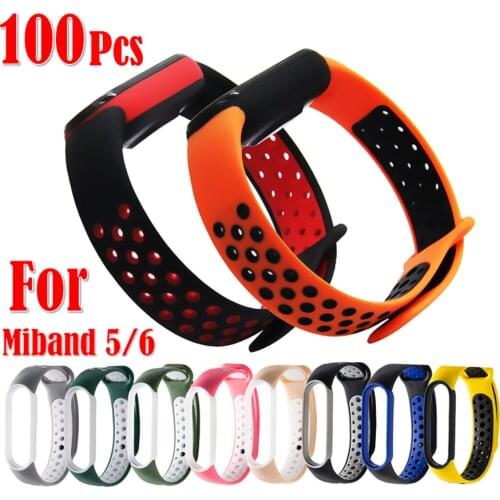100Pcs/Pack Silicone Strap for Xiaomi Mi Band 5 6 Porous Anti-sweat Two-Color Sport Breathable Strap Replacement Wrist Bracelet