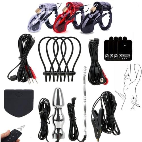 BDSM Wireless Remote Host Electro Shock kit,Electric Chastity Cock Cage Penis Ring Anal Plug Penis Plug Nipple Clamp SM Sex Toys