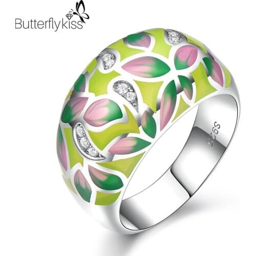 BK Colorful Enamel Flower Rings For Women Zircon Real 925 Sterling Silver Luxury Vintage Fashion Elegant Lady Jewelry Gifts