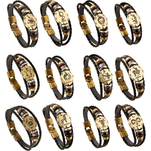Modyle 12 Constellation Bracelets Luminous Charm Leather Bracelet Zodiac Horoscope Braided Bangle Men Women Jewelry Wrist Gift