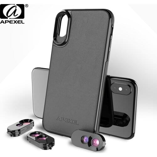 APEXEL Dual Lenses for iPhone X XS with Black PU Leather Phone Cases Wide Angle Fish Eye Len 2X Telephoto 10X Macro Lenses Kit