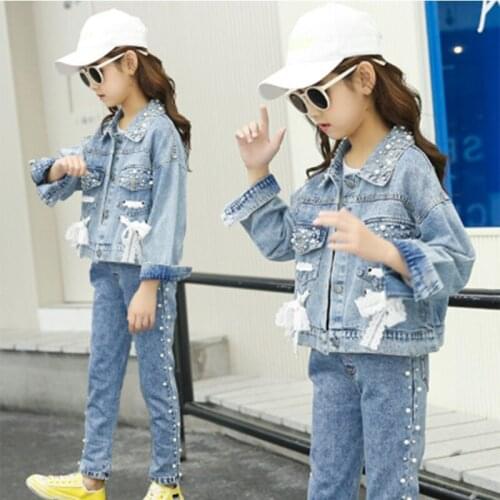 New 2020 Fashion Spring Autumn Denim Jacket For Girls Children Outerwear Casual Beading Outfits Kids Jacket Clothes Girls Coats