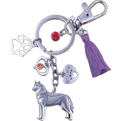 Husky Dog Animal kawaii Luxury Charm Keychain Key Ring Pet Tassels Retro Silver Plated Bohemian Men Women Jewelry Gift K002