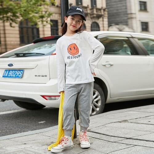8 10 years Girls Fall Clothes Sets Cartoon White Tops Grey Jogger Pants 2 piece Fashion Casual Outfit For Girls