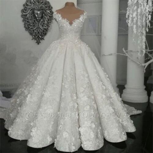 Real Video New Long Gorgeous Sleeveless Crystal Ball Gown Wedding Dresses With Handmade Flowers Robe De Mariee
