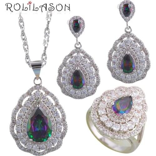 ROLILASON Rainbow color Zircon Water drop Silver filled 925 stamped Party Jewelry Sets Earrings Necklace rings JS705