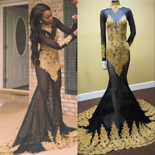 Sexy Black African Mermaid Prom Dresses 2021 gala jurken Long Sleeve Imported Party Dress Sheer Illusion Black Girls Women Gowns