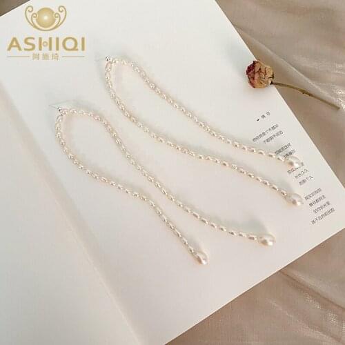 ASHIQI Natural Freshwater Pearl 925 Sterling Silver Long Drop Earrings Fashion Tassel Womens Wedding Jewelry